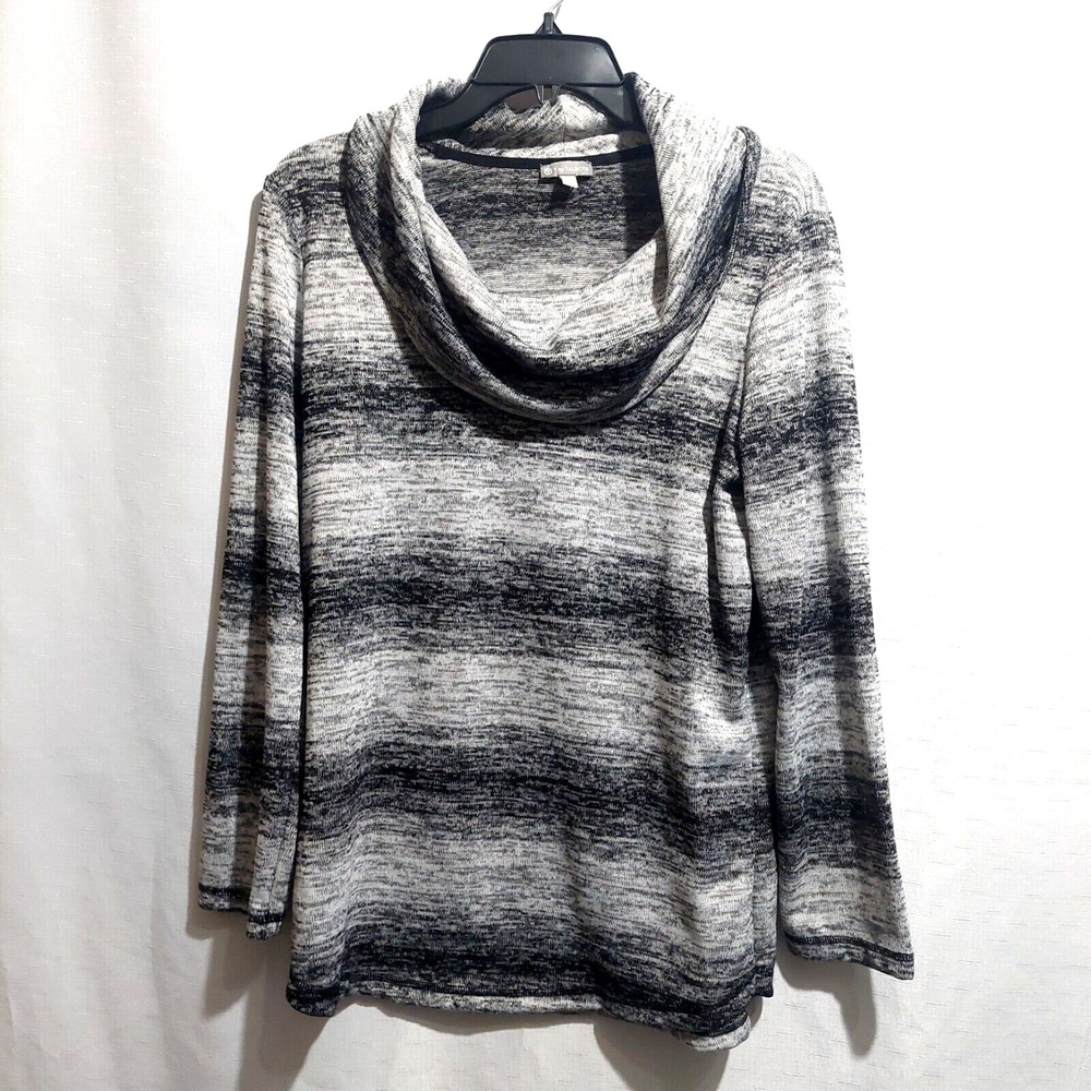 T By Talbots Womens Medium Knit Cowl Neck Sweater Long Black Gray Silver